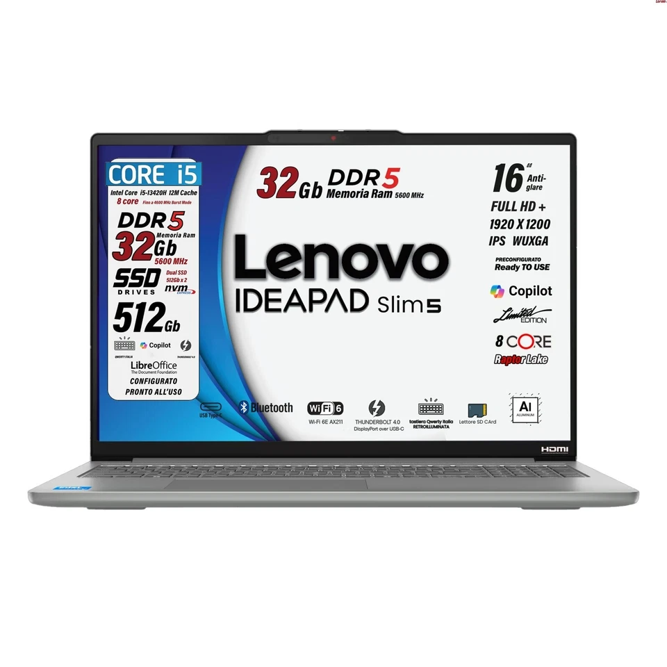 Lenovo Ideapad slim 5,  i5 13Th, DDR5 32Gb, WUXGA 16" IPS FHD+, 512Gb, Win11 Pro