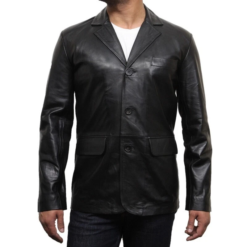 Leather Blazer Jacket Men's Coat Lambskin Slim Fit Soft Men Two Real US Black 11