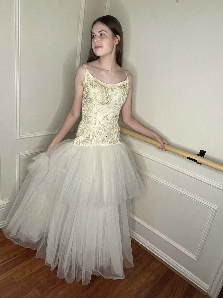 Винтажный 60-х современный Couture мяч платье S слоновой кости со стразами бисером тюль принцесса - Изображение 3 из 4