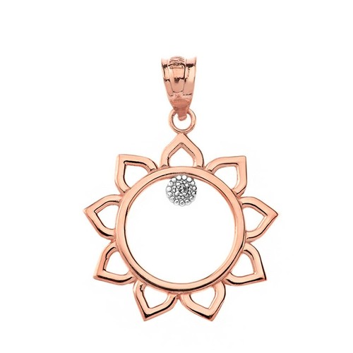 Solid Gold Yellow White Rose Diamond Sunflower Outline Openwork Pendant Necklace - Picture 6 of 19