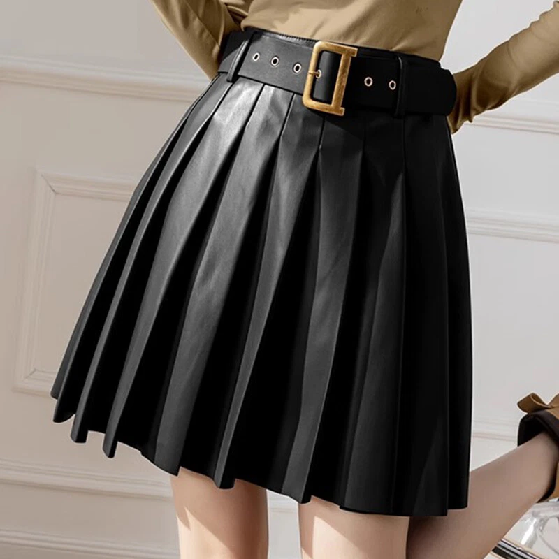 Женщин PU искусственной кожи короткая юбка с ремнем плиссированные высокая талия трапециевидный повседневный - Изображение 2 из 3