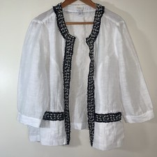 Chicos Jacket Womens 3 White Linen Blend Fringed Beaded Open Cardigan Coastal