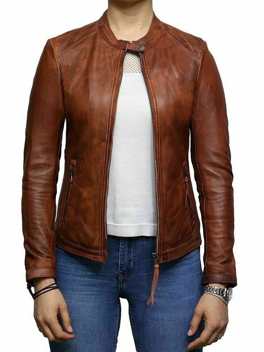 Women Genuine Leather Biker Jacket Waxed Lambskin Vintage Women Genuine Leather Biker Jacket Waxed Lambskin Vintage