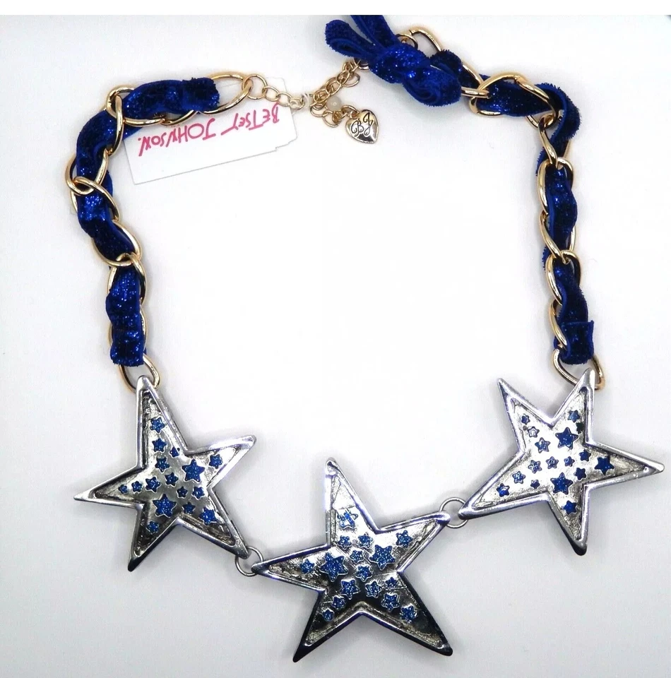 正品 Betsey Johnson Heavenly Creatures 水晶蓝色天鹅绒星星项链 — 第 3/4 张图片
