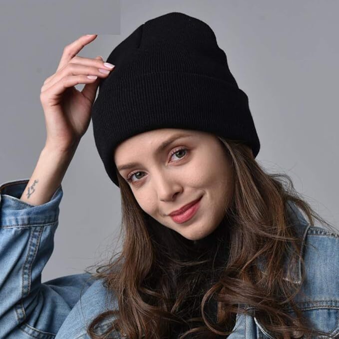 Black Mens Ladies Knitted Wooly Beanie Hat Winter Woolly Ski Knitted Turn  Up