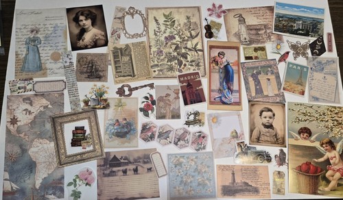 50 Pc Lot Junk Journal Ephemera Vintage Images Stickers Paper Supplies Card Tag