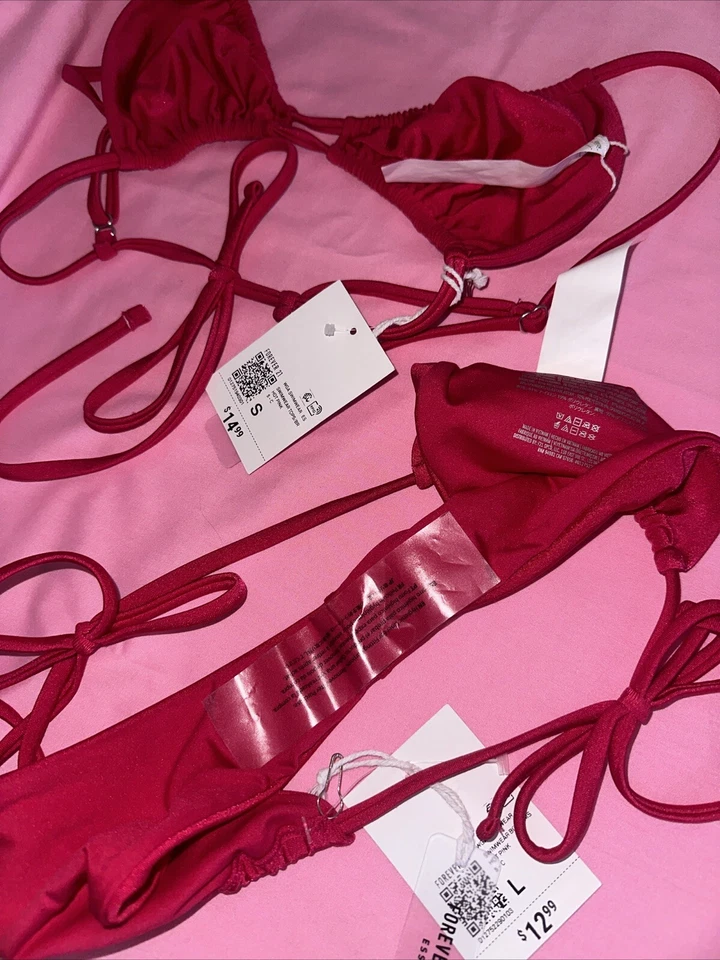 Conjunto de bikini Forever 21 nuevo con etiquetas rosa rojo talla pequeña parte superior e inferior grande Foto 3 de 3
