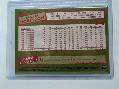 Jackie Robinson 2020 Topps Series One Baseball - 1985 #22 - Brooklyn Dodgers - Picture 2 of 2