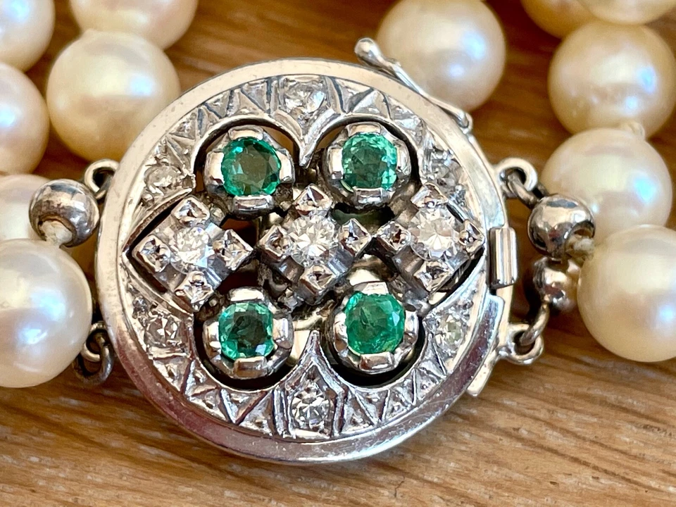 ART DECO PERLEN KETTE mit  585 / 14 K WEISSGOLD mit   DIAMANTEN & SMARAGDEN