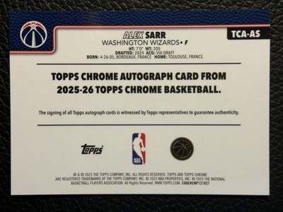 2025-26 Topps Chrome - Autographs Alexandre Sarr #TCA-AS Purple