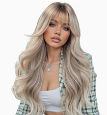 Long Wavy Ash Gray Mix Synthetic Hair Wigs With Bangs Women Soft Natural