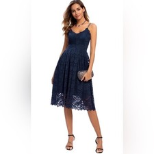 Aalavula Navy Blue Floral Lace V-Neck A-Line Cocktail Dress Spaghetti Strap NWT