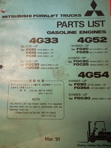 Mitsubishi 4G33 4G52 4G54 Gasoline Engines Forklift Truck Parts List 1991 Q13