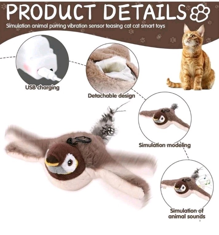 USB Interactive Flying Bird Cat Toys Electronic Pet Simulation Sparrow Toy US