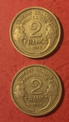 2 pièces de 2 Francs 1933 – Aluminium Bronze – France - Photo 1/3