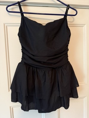 Miraclesuit Black 1 Piece Swim Dress Tiered Skirt Tummy Control Adjustable Sz 14