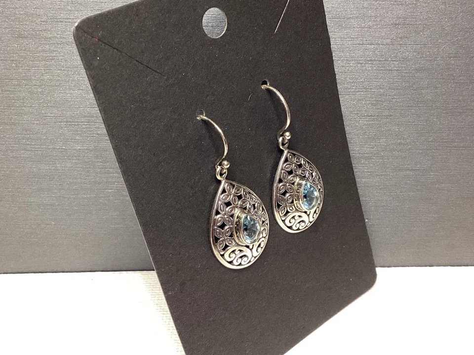 Sterling Silver 925 Filigree Blue Topaz Dangle Pierced Earrings Jewelry - Image 2 of 4