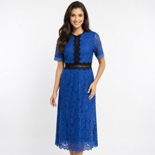 Yishiqi XXL Blue Lace Dress A-Line Sheer Panel Elegant Midi Feminine Chic