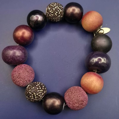 Elastisches Perlen-Armband   Lava, Holz & glänzende Kugeln