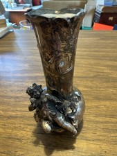 "Florero antiguo Art Nouveau figurativo querubín con recubrimiento de metal de plata esterlina 4 5/8"""