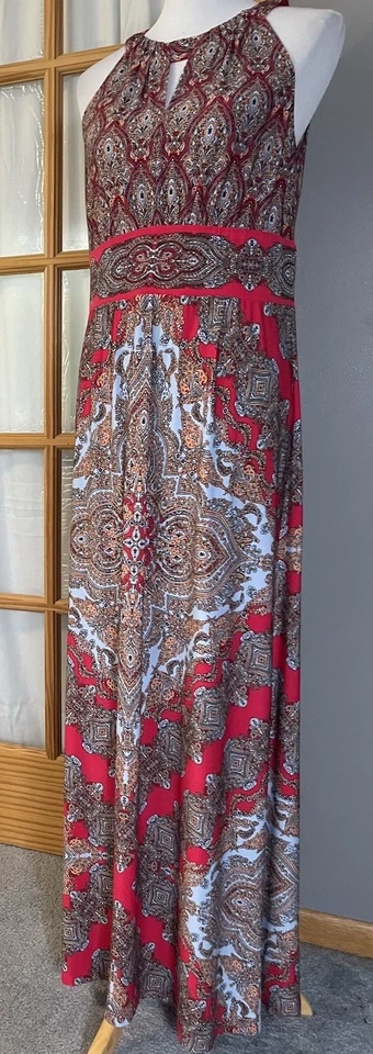 London Times пейсли макси платье Sz 12 с бретелью через шею красный пляж богемное коттеджкор - Изображение 2 из 4