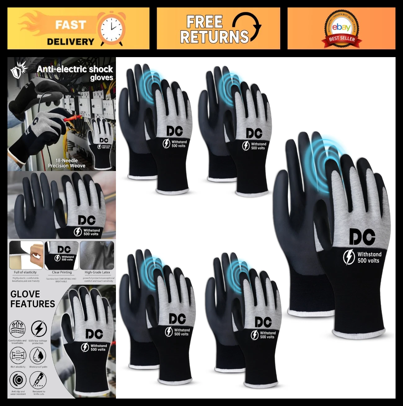 5 Pairs Insulated Electrician Gloves 500V Touch-Screen, Flame Retardant, Non-Sli