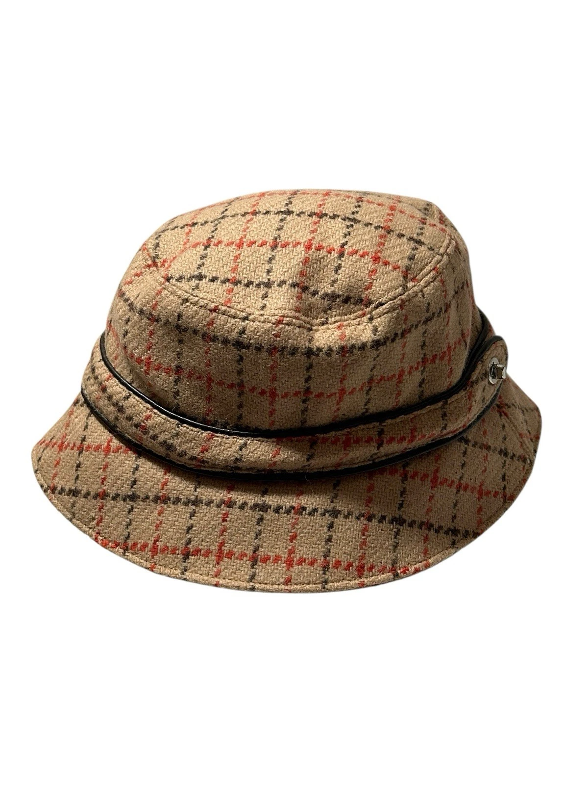Coach Tattersall Plaid Wool Bucket Hat Shell 100% Wool w/Leather Trim P/S