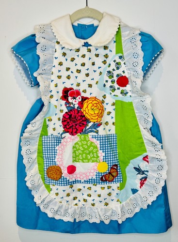 VTG 60'S CHOCOLATE SOUP DRESS JUMPER FLORAL PATCHWORK LACE APRON SMOCK*GIRL'S 5