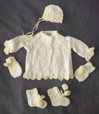 Vintage Babys White and Lemon matinee jacket with booties, mittens and bonnet.