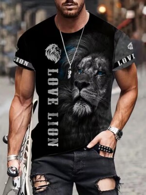 T-Shirts Fashion White Lion The King Black Casual Short Sleeve Novelty Silky Tee