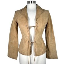 Jennyfer J Leather Tie Front Jacket S Beige Long Sleeve Western Boho Y2k *read