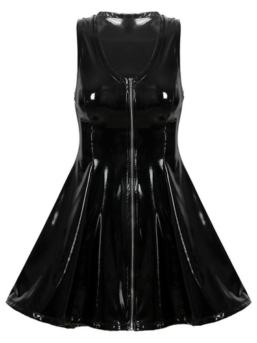 Women Sexy Wet Look Short Mini Dress PVC Leather Bodycon Party Club Flared Dress - Picture 6 of 19