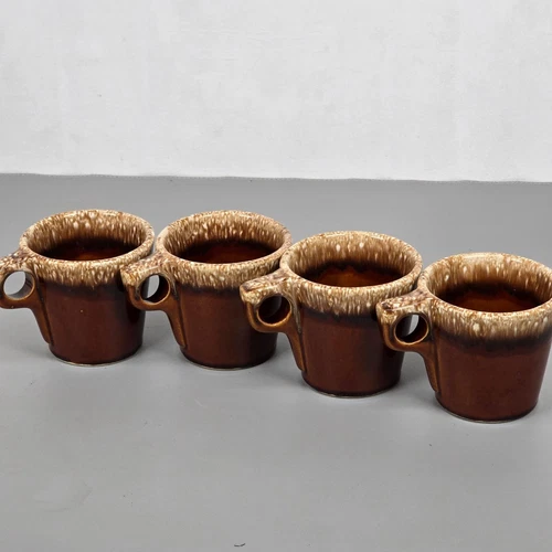 Set Of 4 Vintage Hull Pottery Beer Stein Drip Glaze Coffee Mugs Oven Proof USA