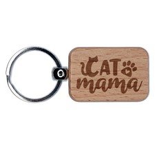 Cat Mama Mom Paw Print Engraved Wood Rectangle Keychain Tag Charm