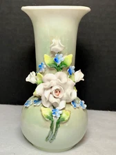 Vintage Green Lusterware Porcelain Germany Applied 3D Raised Rose Flowers