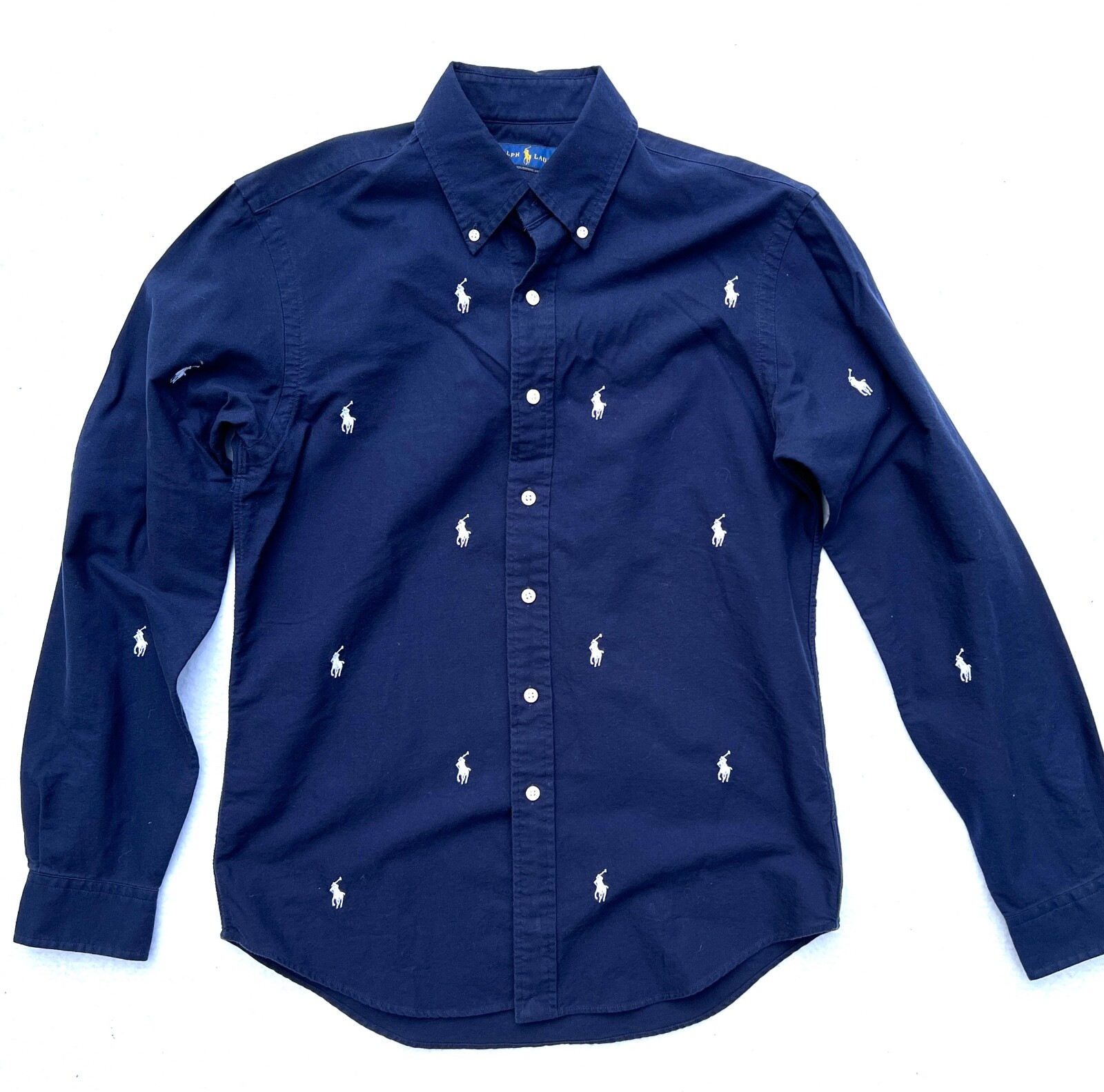 Camicia Ralph Lauren uomo S blu navy bianco pony cotone pesante nuova con etichetta