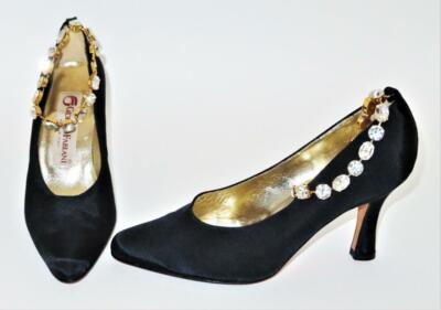 GIORGIO FABIANI, Italy Rhinestone Strap Women Pumps Black Fabric Shoes 37 or 7M
