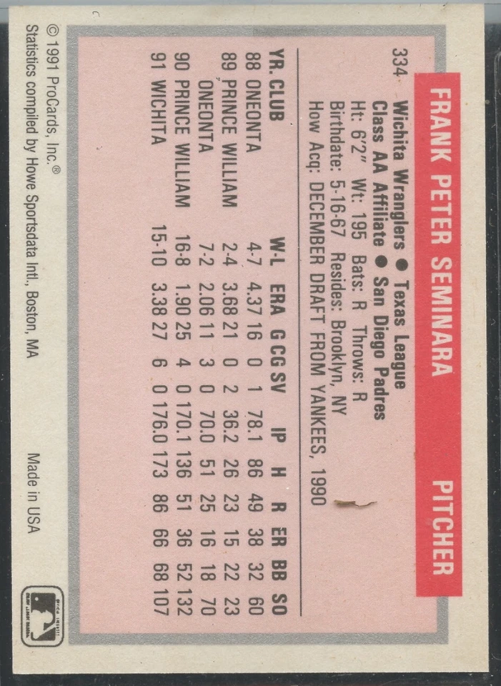 1991 ProCards Minor League #334 Frank Seminara Wichita Wranglers - Image 2 of 2