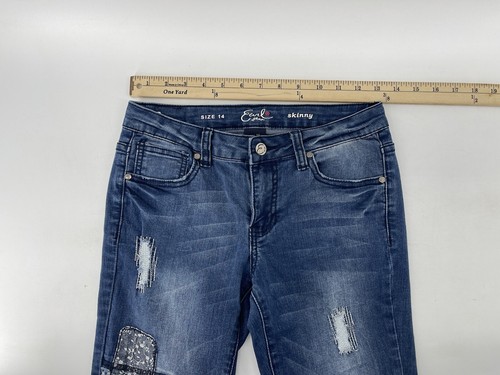 Earl Jeans Stretch Skinny Jeans Girls Size 14 Blue Denim Low Rise Patches 26x28 - Picture 4 of 10