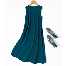 100% Natural Silk Women Tank Dress Sleeveless Peacock Blue Full Slip Dress M1390