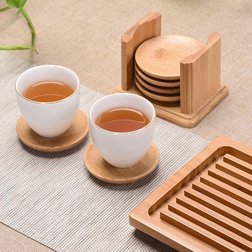 Mini Bamboo Coaster Round/Square Cup Holder Drink Coaster with Storage Holder - Picture 7 of 10