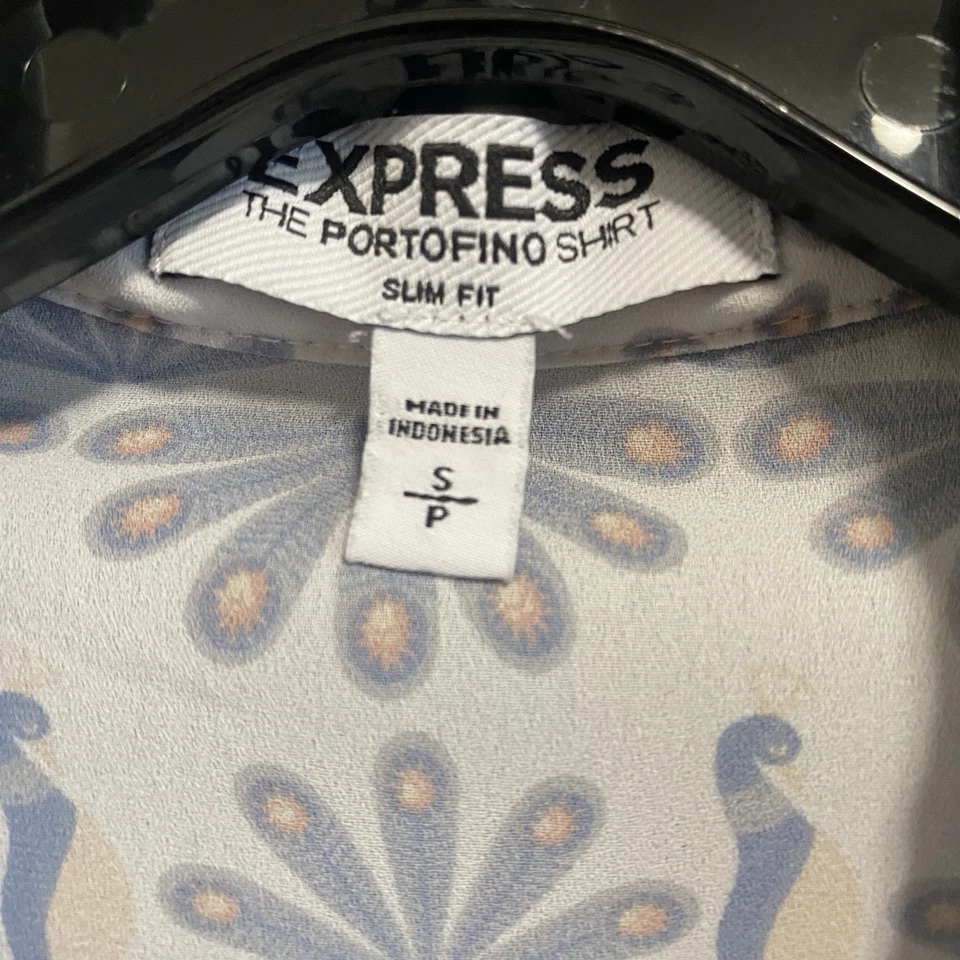 Express The Portofino 衬衫女式 S 蓝色鸟印花修身卷片办公室职业 — 第 2/4 张图片
