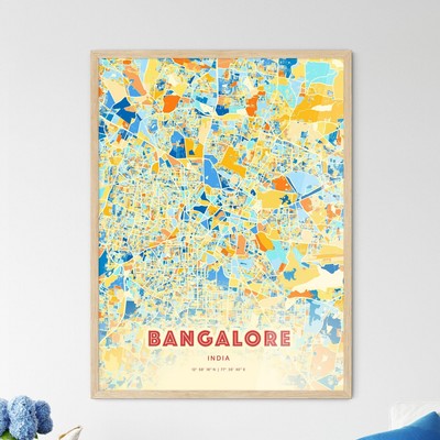 Colorful Bangalore India Blue Orange Fine Art Print Bangalore India City Map