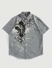 Mens Plaid Graphic Button Up Shirt Gothic Cro...