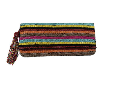 Roberta Roller Rabbit Womens Striped Beaded Flap Clutch Handbag Multi Tassel