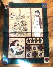 Vtg 28" Quilted WALL QUILT PRIMITIVE XMAS Red Green SANTA TREE SNOWMAN DECOR