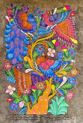 15 1/2 X 23'' Mexican Folk Art Amate Bark Painting Aztec Love Bird Peacock Flower