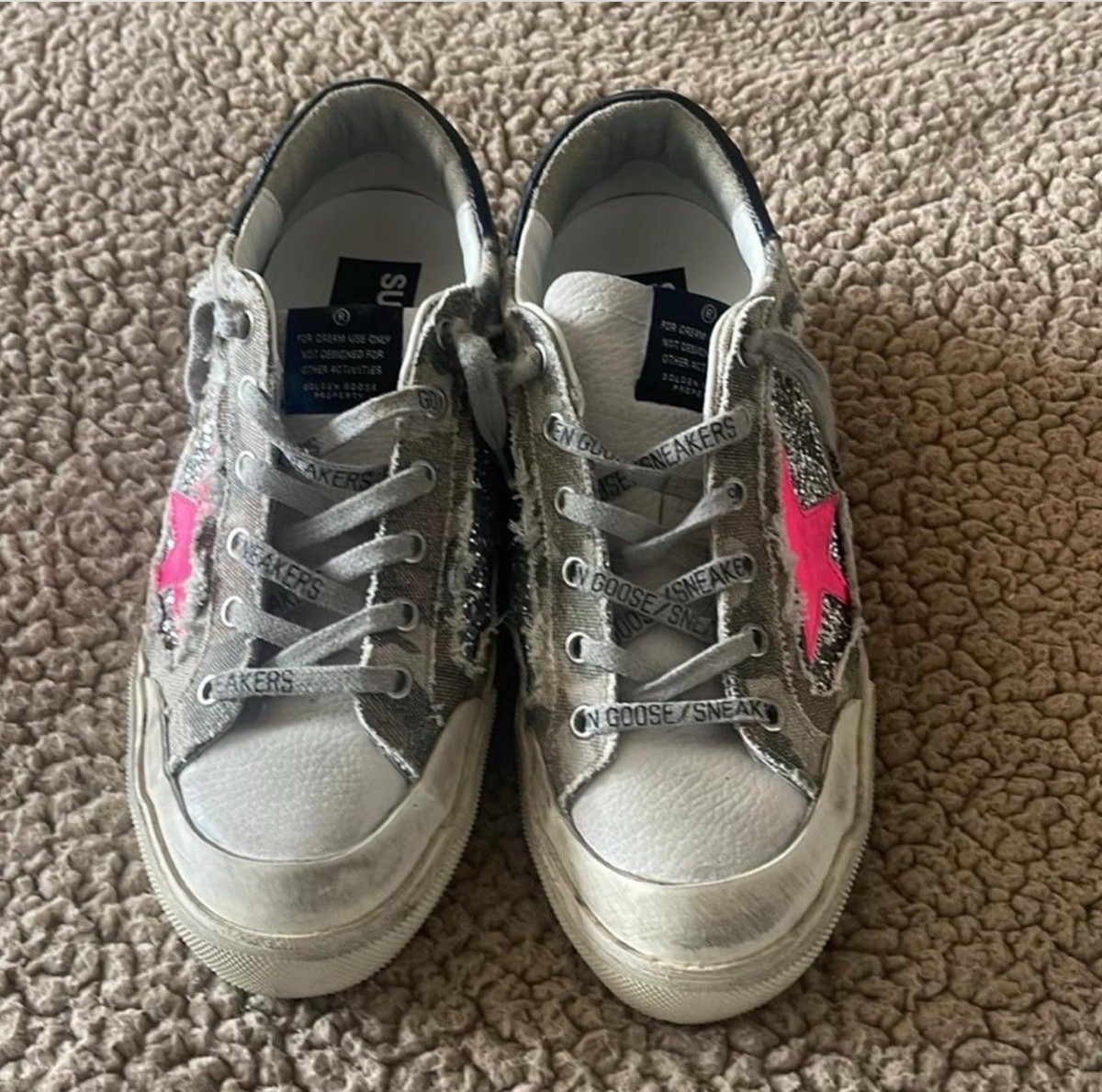 Golden Goose Camo, silver glitter with pink star, Authentic