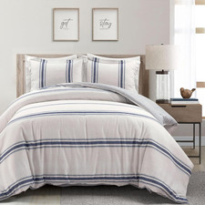 Farmhouse Stripe Reversible Cotton Duvet Cover King Size 3 Piece Set Navy - Farm