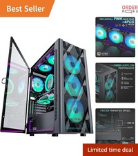 ATX PC Case Metal Tempered Glass 6 PWM ARGB Fans Gaming Mid-Tower Black